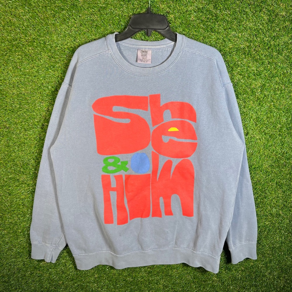 Comfort Colors She & Him Band Sweatshirt Blue Graphic Crewneck Large